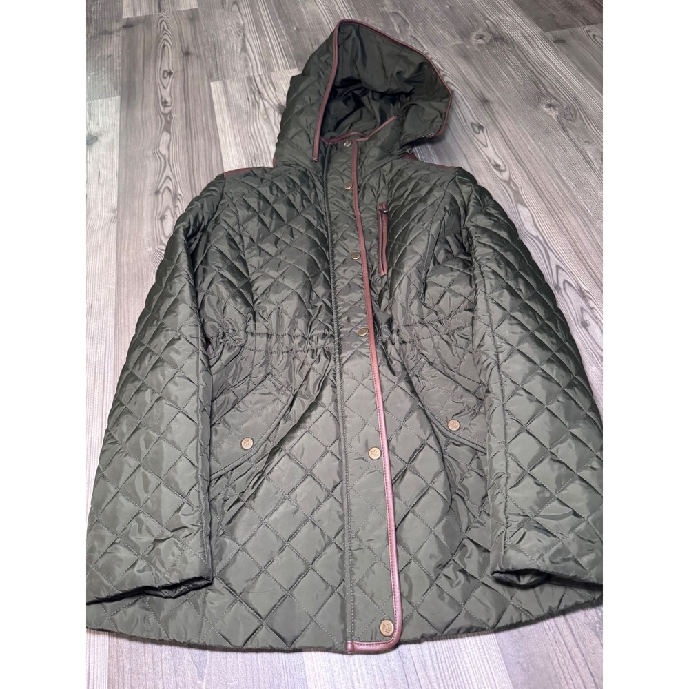 Lauren Ralph Lauren Quilted Hooded Jacket Olive Green Faux Leather Trim Large